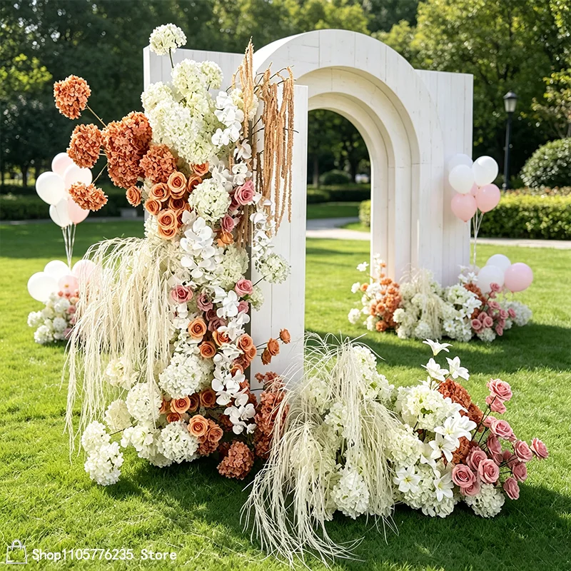5D Künstliche Terrakotta Weiße Hortensie Hochzeitsblumenarrangement Taupe Rosa Rose Mit Orchidee Blumenhintergrund Bühnendekoration für Veranstaltungen – Detail 1