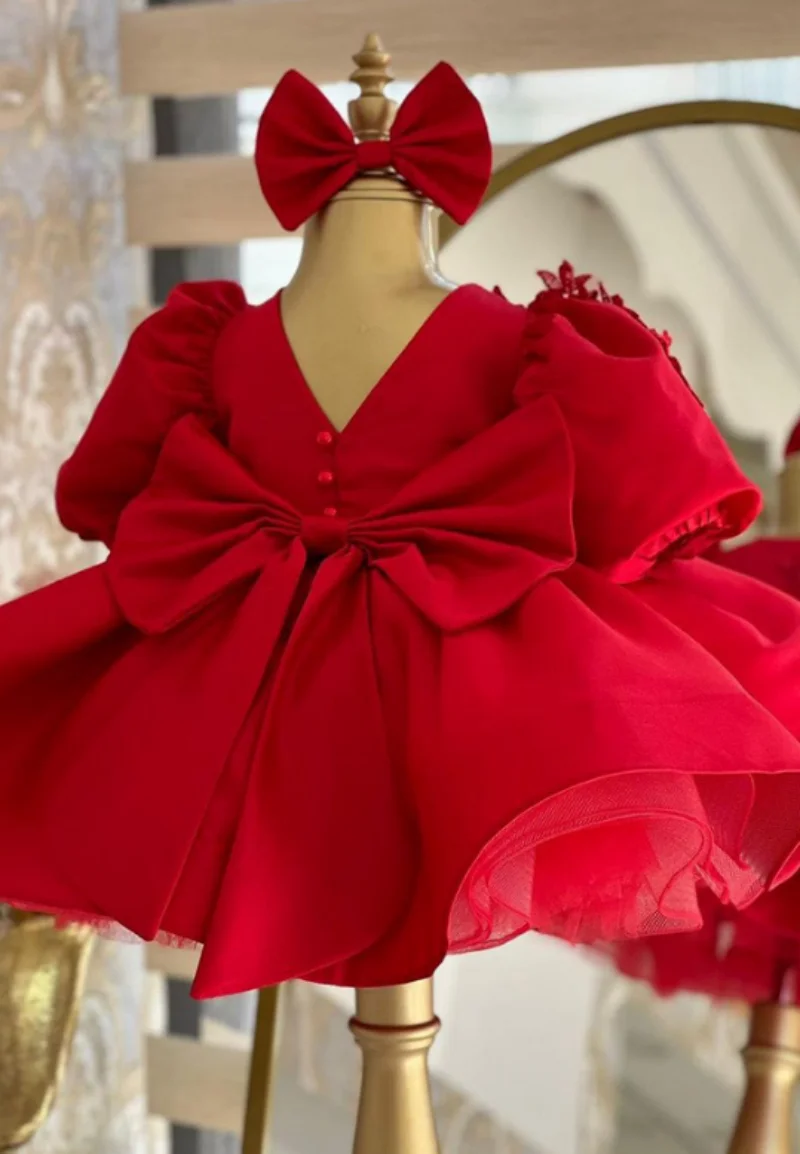 Red Satin Flower Girl Dress For Wedding Lace Puff Sleeve With Bow Birthday Party Kids Christmas Princess Ball Gown