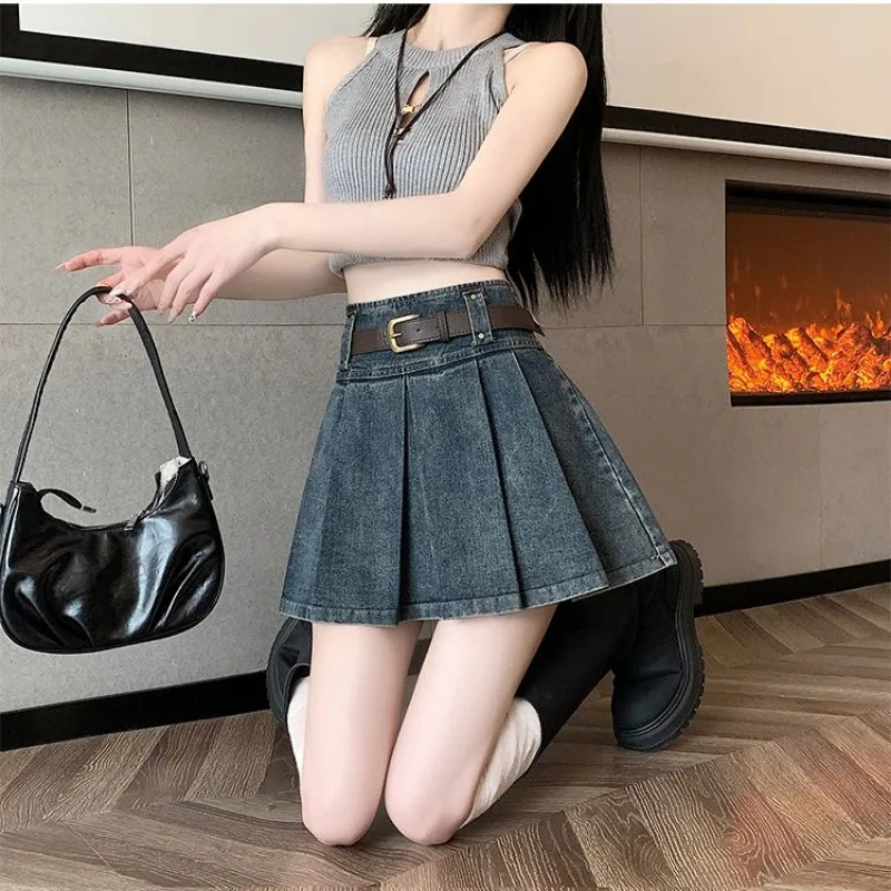 Women Short Pleated Skirt Denim Y2k Streetwear Vintage A-line Dress Harajuku High Waist Sweet Girl Chic Sexy Casual Mini Skirt