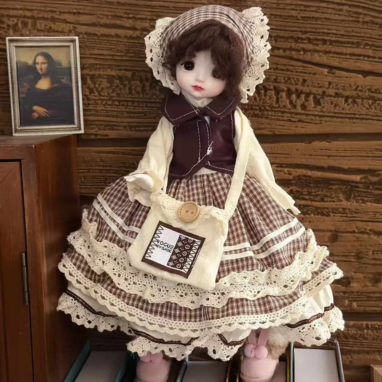

Коричневое клетчатое платье, комплект, 6 очков, одежда для куклы BJD, милый стиль принцессы, 30 см, куклы, одежда для смены наряда, аксессуары для наряда