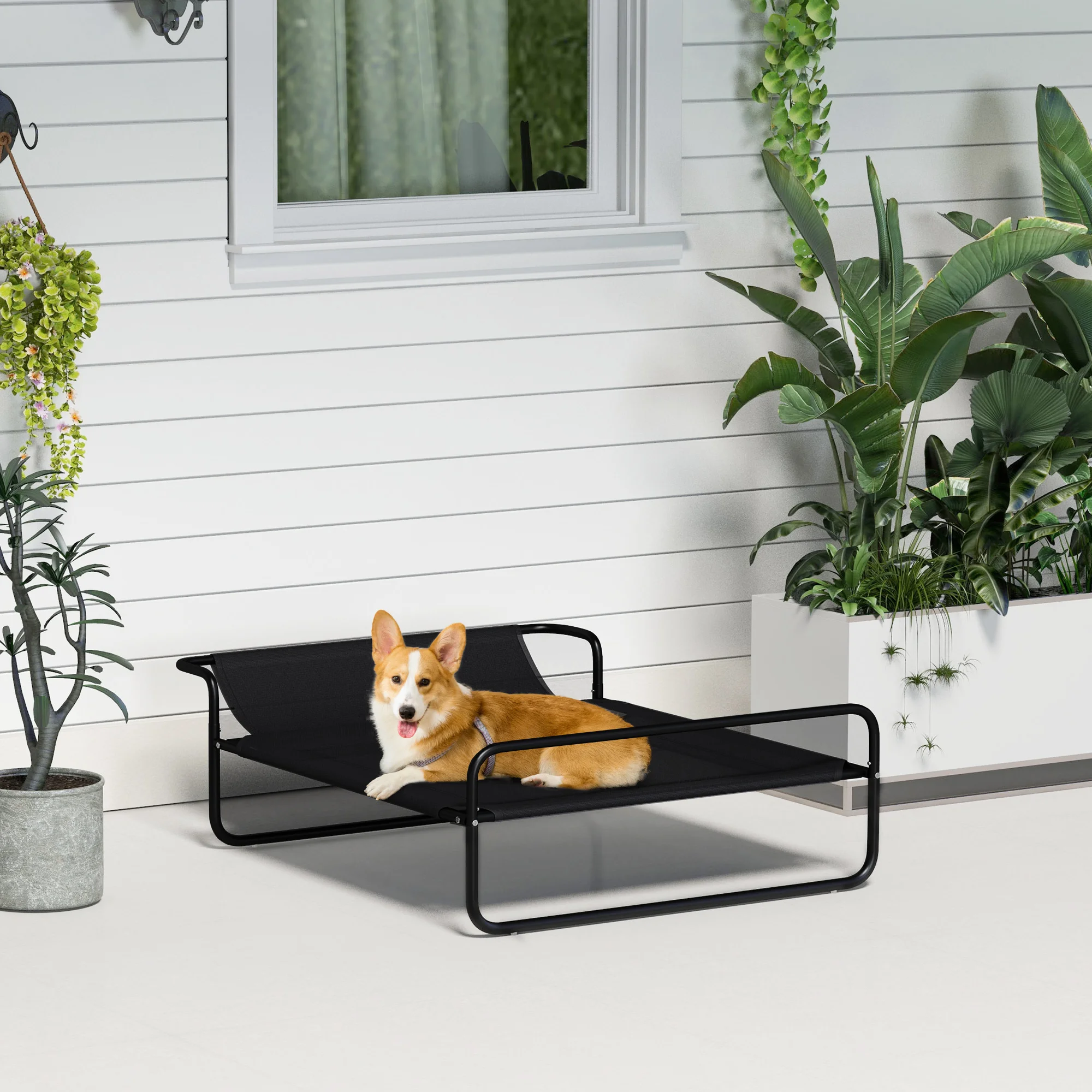 Pawhut Verhoogd Hondenbed Camp Cot voor Honden, Katten en Huisdieren met Hoofdsteun, Micro-geperforeerde Textilene Stof