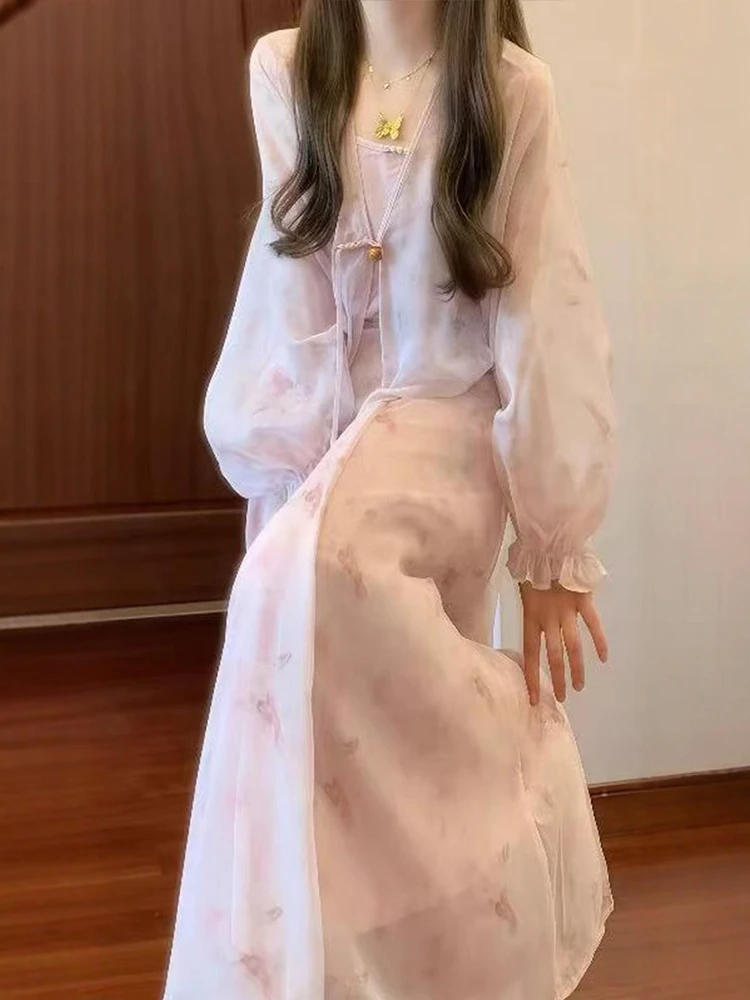 

Новый китайский повседневный летний комплект для женщин больших размеров: розовый, с длинным рукавом, V-образным вырезом и пуговицами