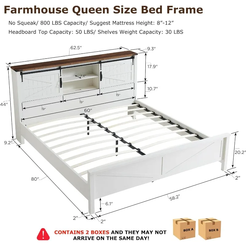 Farmhouse Queen Size Bed Frame Storage Bookcase Headboard,Sliding Barn Door, Charging Station,Platform Bed w/Wood Slats Support