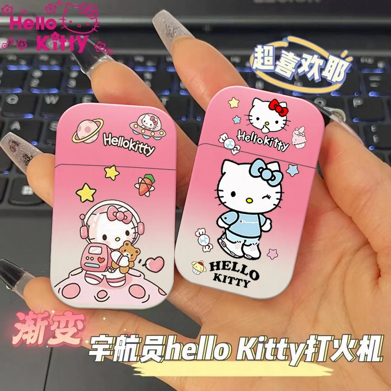 INS Original Metal Cute Hello Kitty Lighter Kuromi Cinnamo Sanrio Pink Flame Windproof Refillable Butane Gas Lighters For Women