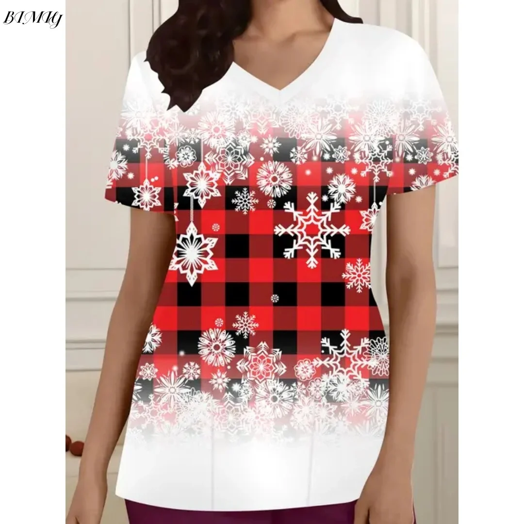 축제 크리스마스 못생긴 산타클로스 프린트 포켓이 있는 브이넥 탑 편안한 여성 간호사 유니폼, 반팔 여성 의류