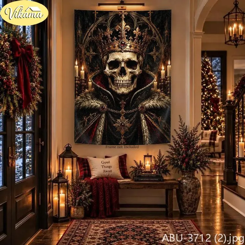 VIKAMA Macabre Santa Skeleton Trumpet Cathedral Snowfall Wall Tapestry Noir Victorian Music Lunar Winter Festive Room Home Decor