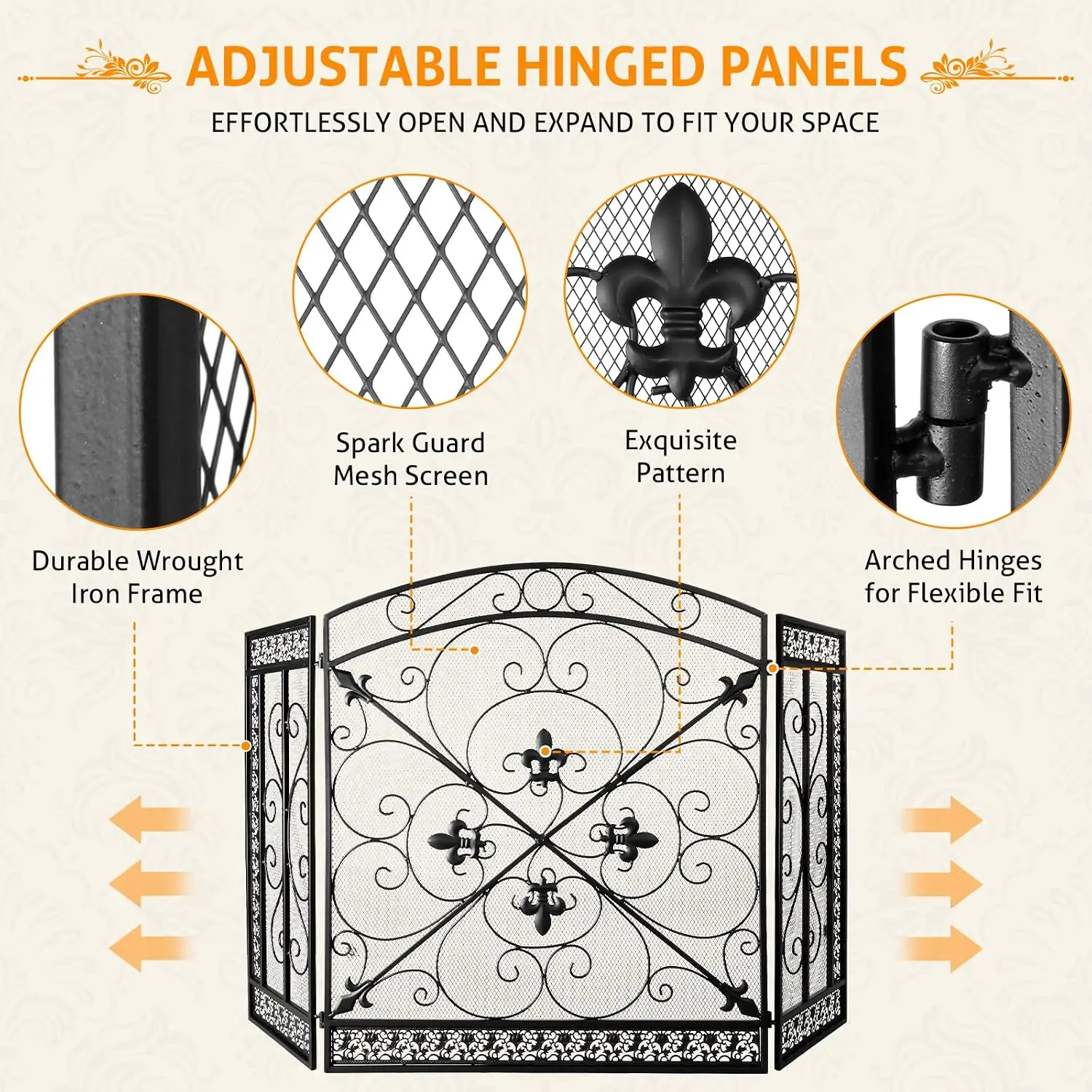 Fireplace Screen 3 Panel 52x31 Inch Folding Fireplace Cover Black