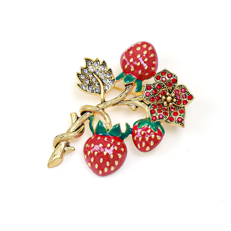 

New Arrival Fruit Strawberry Hand-painted Enamel Red Rhinestone Flower Suit Pin High-end Exquisite Niche Simple Retro Big Brooch