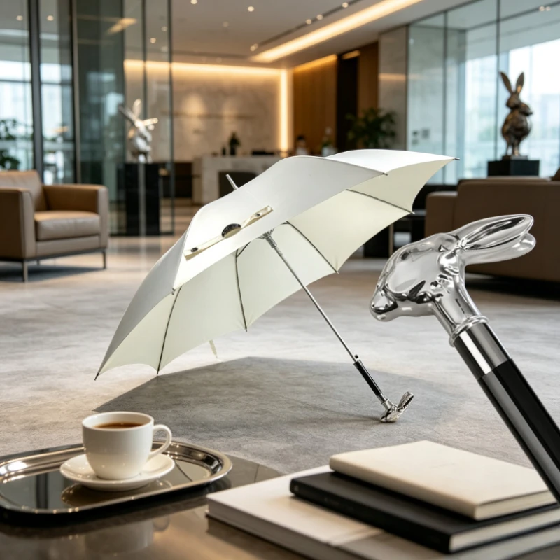 Silver Rabbit Head Long Handle Umbrella Vintage Gentleman Style Rain Sun Parasol with UV Protection Elegant Travel Umbrellas