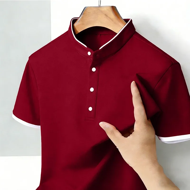 Comfortable Men's Summer Polo Shirts Mandarin Collar Short Sleeve Slim Fit Contrast Trim Casual & Office Wear