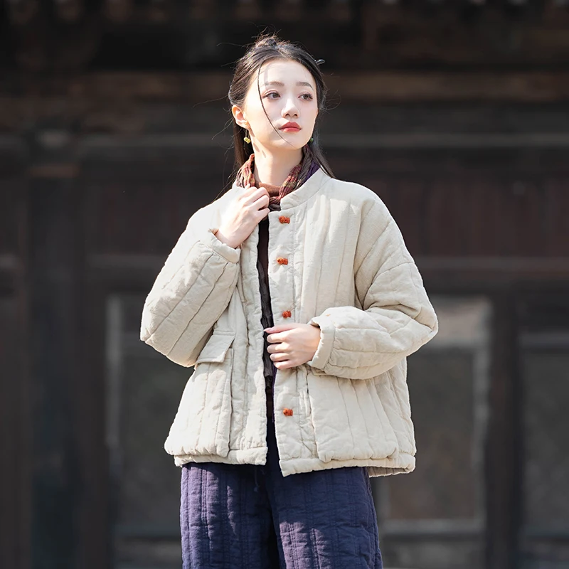 

Thiened Linen Cotton Jaet Women's Retro Autumn Winter New Sle Sandwich Cotton Zen Inspired Chinese Button Cotton Coat