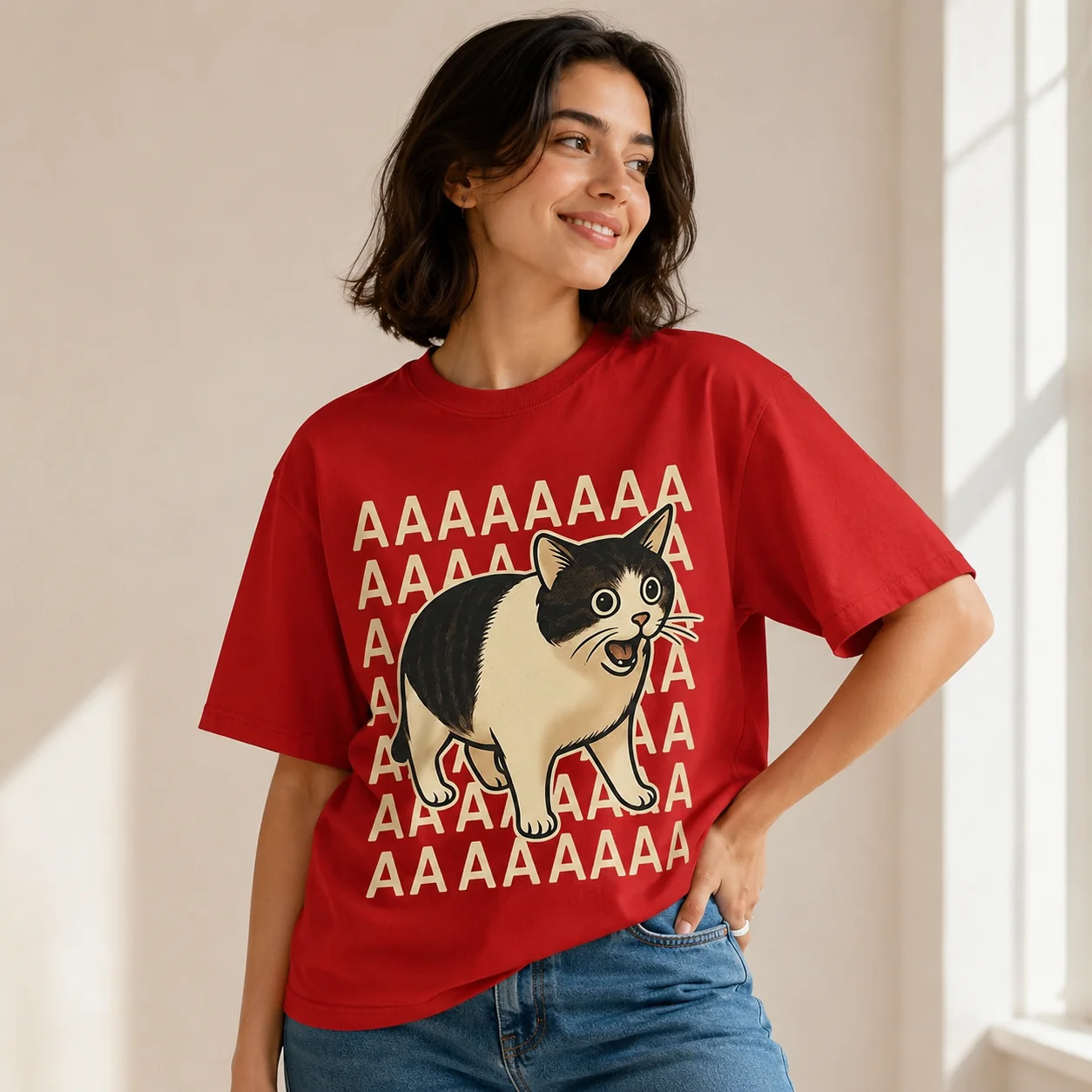 Funny Emoji T-Shirt—Unisex Casual T-Shirt Featuring A Sad, Crying Cat Design: Harajuku-Style Everyday Short-Sleeve T-Shirt