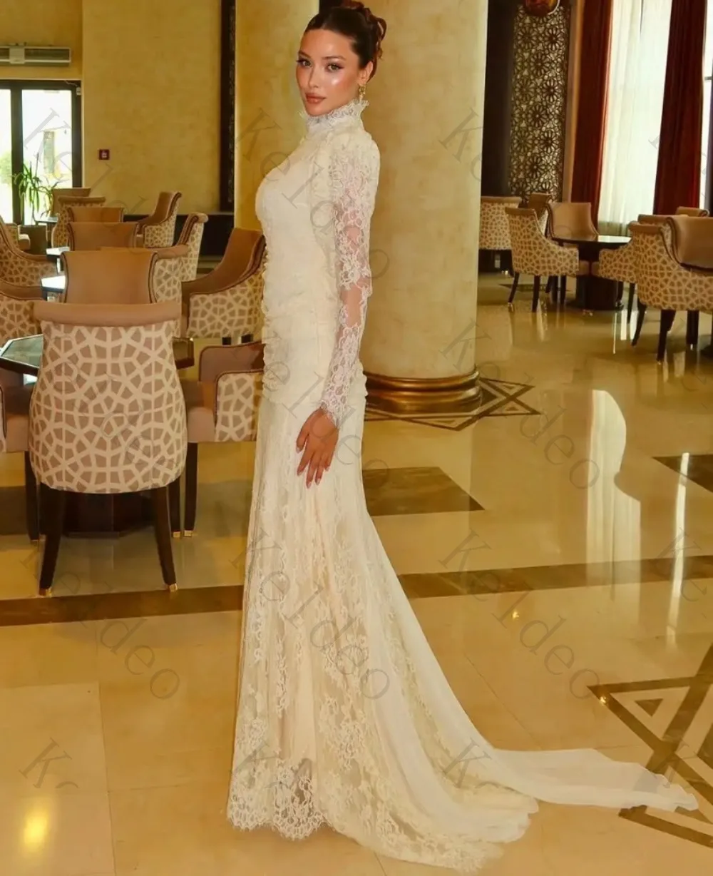 Customized Cream Lace Mermaid Evening Dress High Neck Long Puff Sleeve Ruched Waist Floor‑Length with Small Women Formal Prom