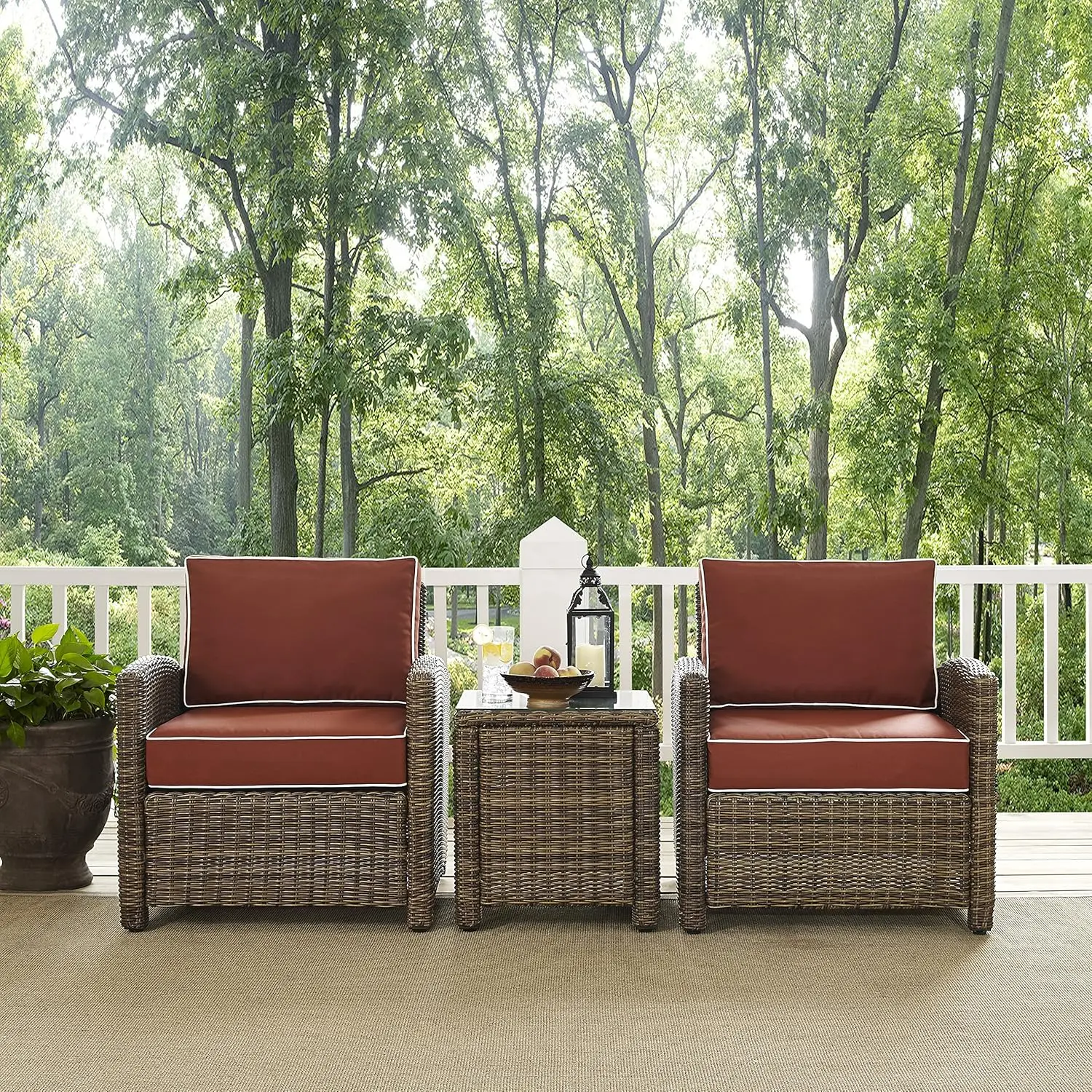 Bradenton Outdoor Wicker 3-Piece Seating Set (2 Arm Chairs, Side Table), Weathered with Sangria Cushions