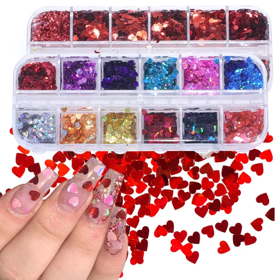 Etui Nail Glitter Powder Sequins Round Butterfly Heart 3D Flakes Holographic Powder Manicure Decoration