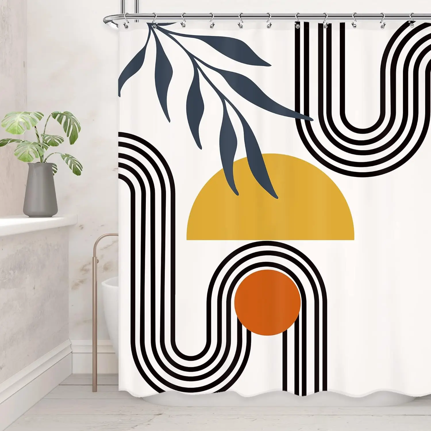 

Minimalist Art Shower Curtain Featuring Black Lines Yellow Sun And Orange Circle Contemporary Home Decor Trendy Bath Accessory