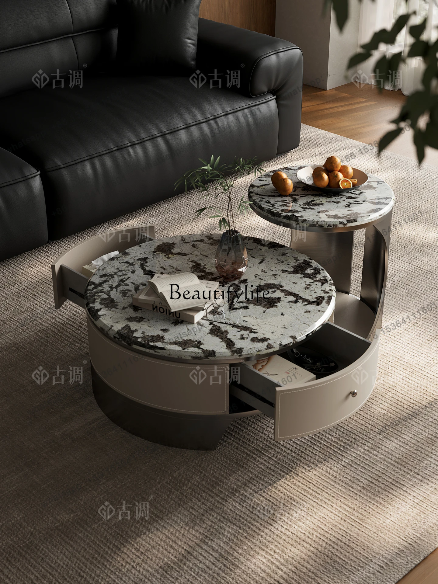 CJNatural Luxury Stone Coffee Table Combination Living Room Household Marble Round Coffee Table
