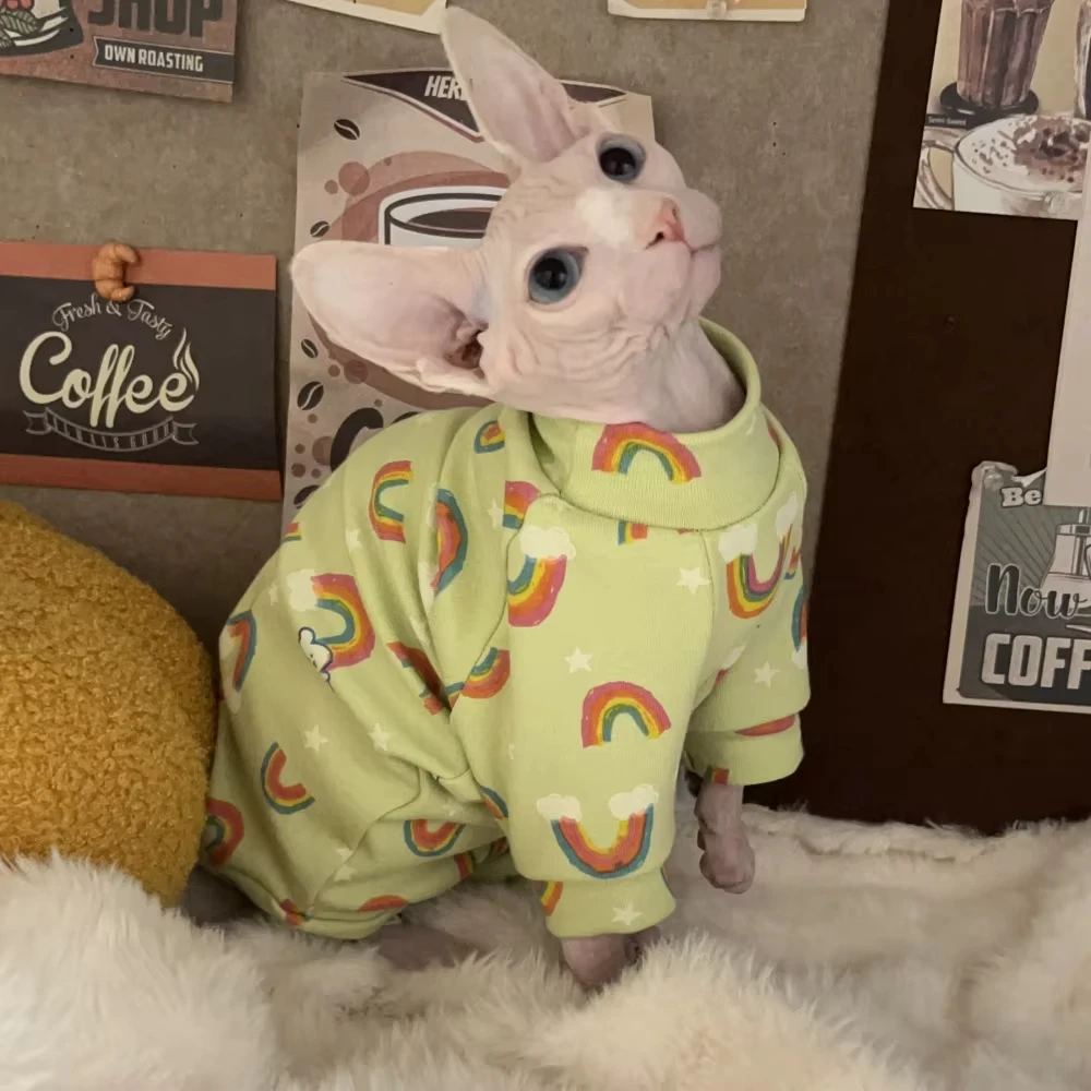Baumwoll-Overall für Sphynx-Katze, lange Ärmel, warmer Kaffeemantel für Devon Rex, süßes Blumen-Unterhemd für Kätzchen im Winter, Frühling – Detail 19