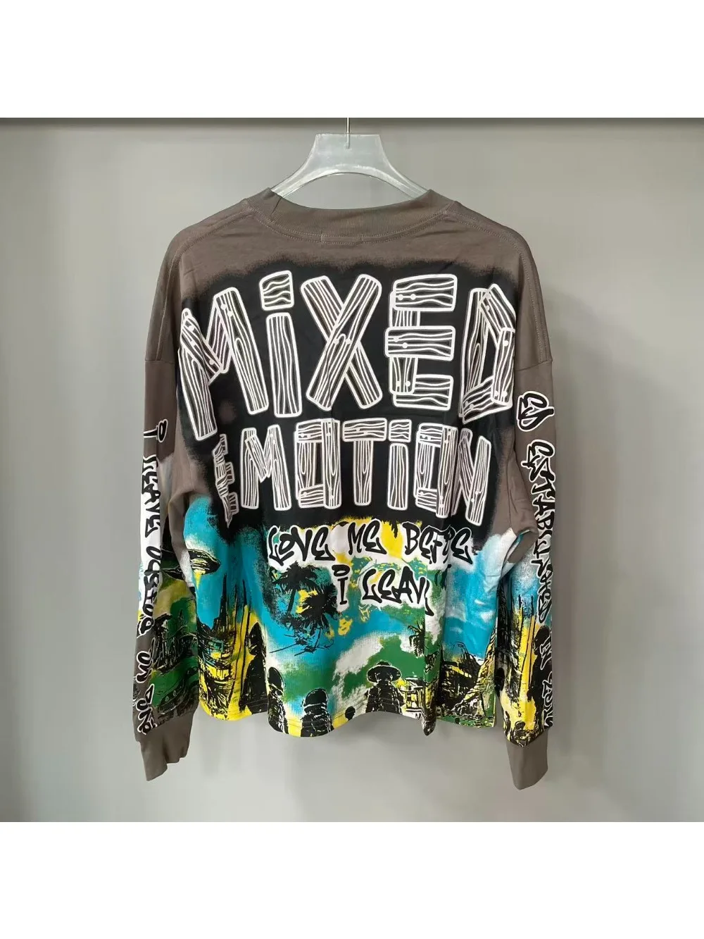 High Quality Designer MIXED-EMOTION Long sleeved T-shirt 100% cotton men's and women's Vintage Printed and hotfix rhinestone High Street Trendy Fashion Hip Hop T-shirt hoodie sweatshirt Pullover