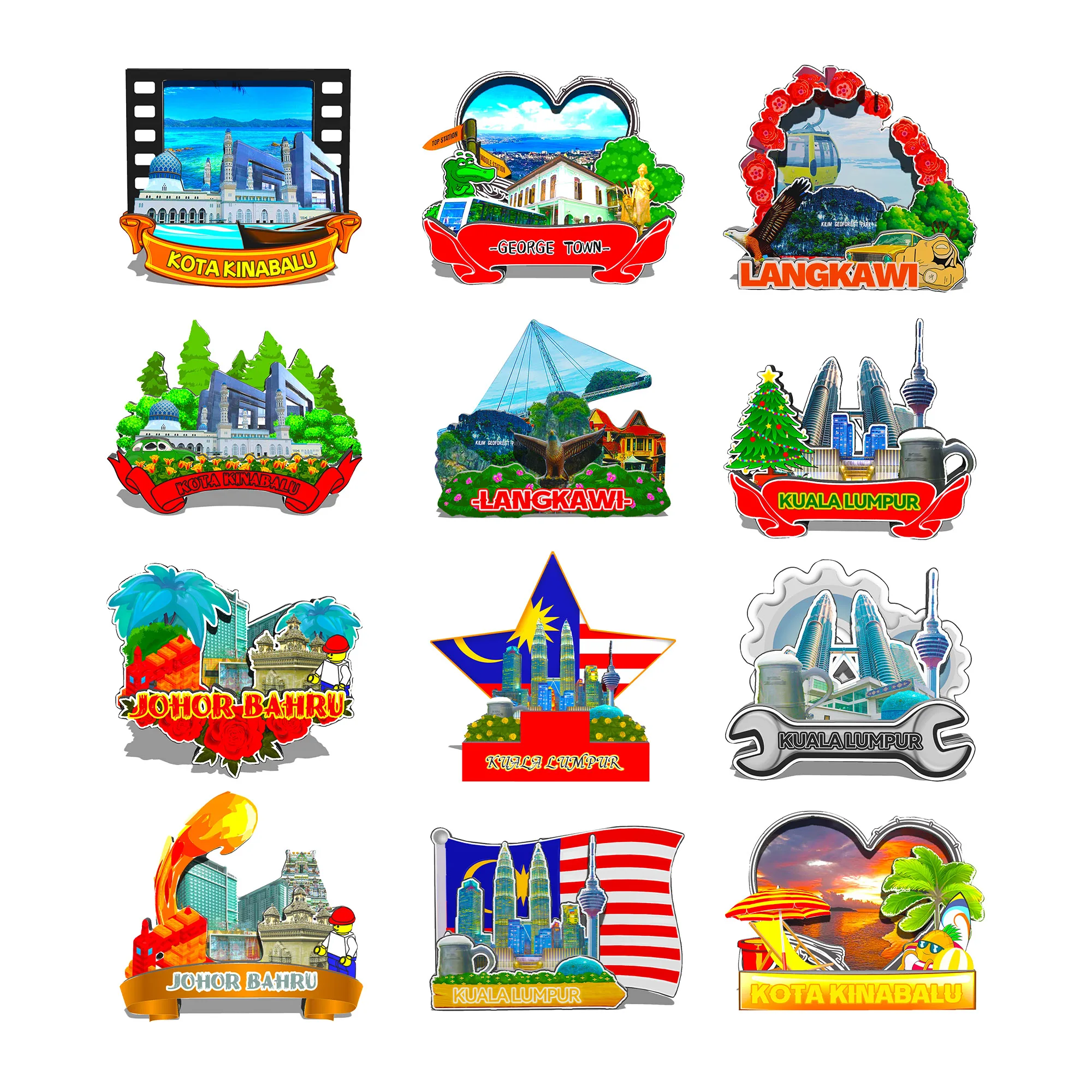 Decorative Magnets for Kota Kinabalu Johor Bahru Kuala Lumpur Langkawi George Malaysia City Landmark Travel Souvenirs Fridge