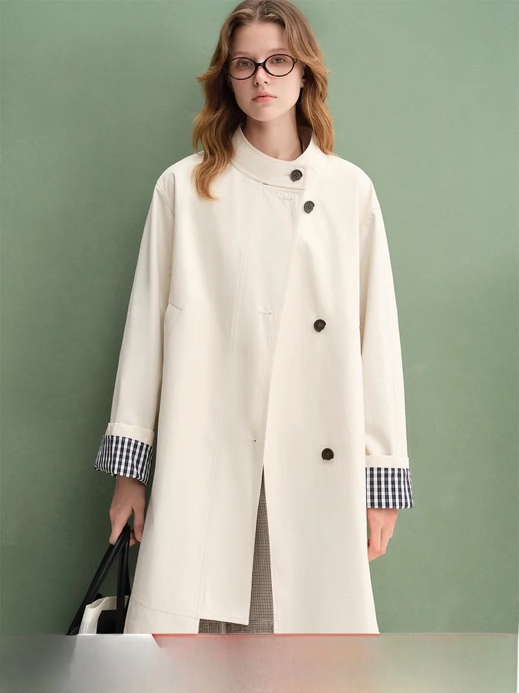 

Nordic Journey, женская ветровка большого размера с воротником-стойкой, свободное длинное пальто в клетку, осенняя одежда, простое органическое пальто...