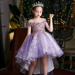 Kids Formal Occasion Purple Dresses for Girls Princess Costume Long Luxury 2023 Wedding Party Ball Gowns Cute Prom Evening Dress