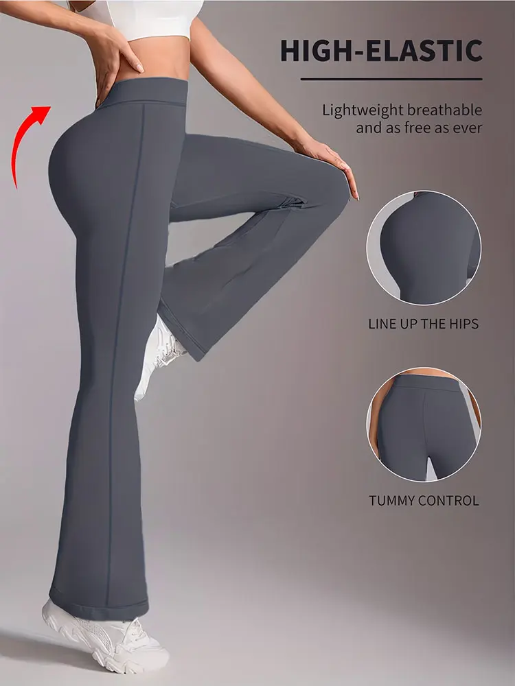 

Женские эластичные расклешенные брюки для йоги с высокой талией, серые спортивные брюки с широкими штанинами, обеспечивающие контроль над животом, комфортные всесезонные леггинсы с защитой от скольжения