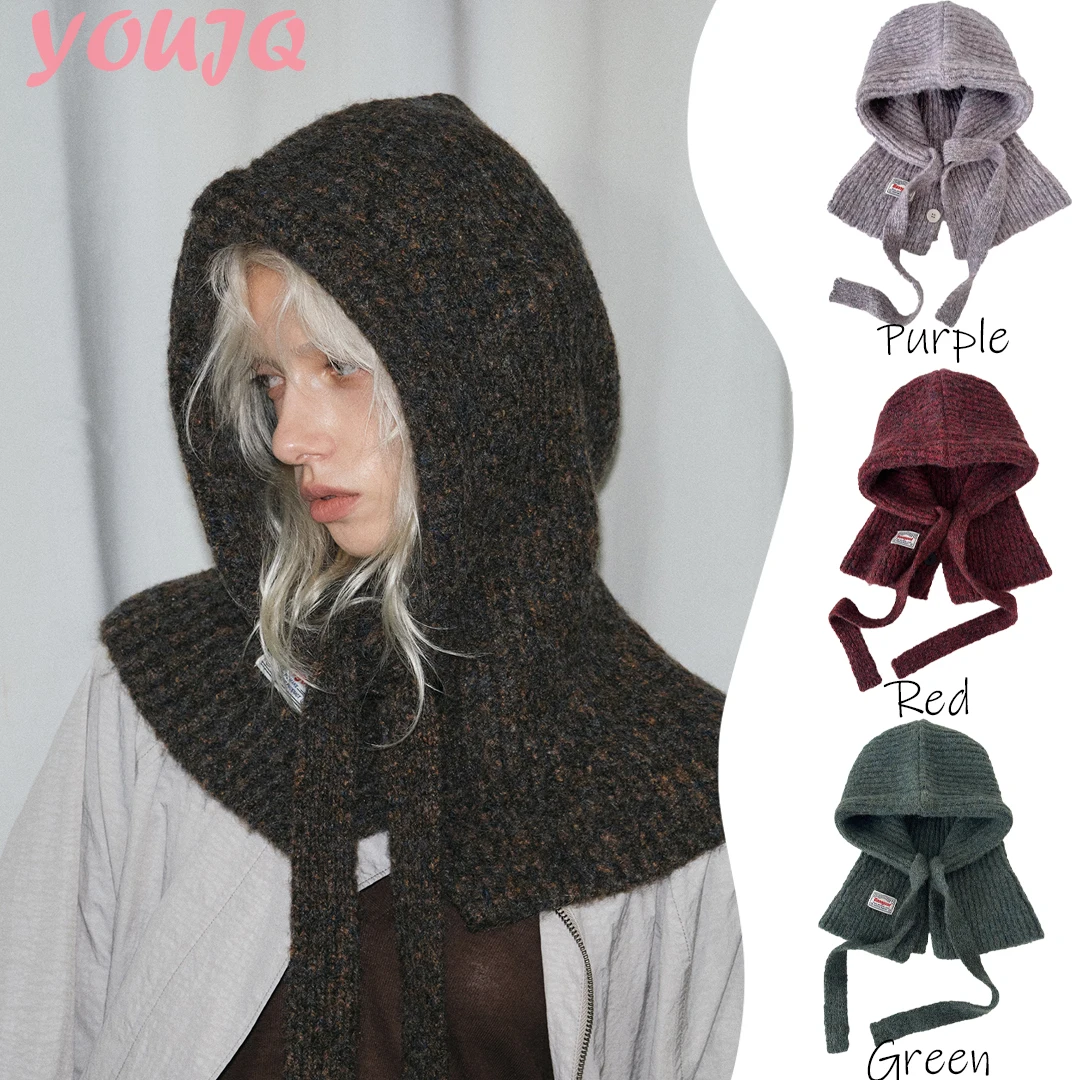 

Y2K Winter Beanie Hats One-Piece Knit Wool Balaclavas Hooded Cap Korean Women's Winter Hood Neck Warmer Cycling Beanies Caps
