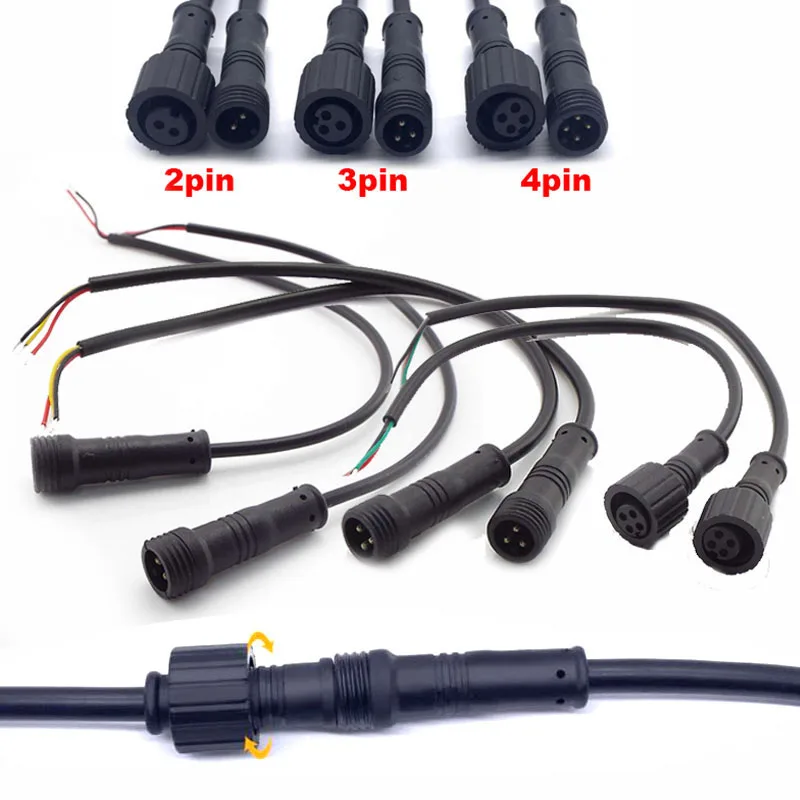 5pcs/Lot Waterproof Power Cable  Male Female 2Pin 3Pin 4Pin Jack Plug Adapter Connector Wire 500V 3A Connector 20cm Cords D5