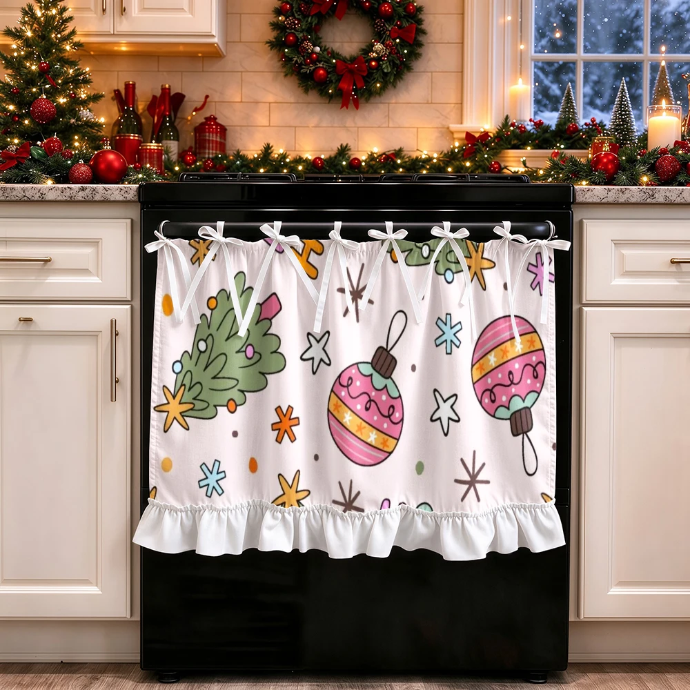 1PC lace up kitchen curtain, ruffled hem, 2D flat Pink Tree Ball Star pattern, cabinet cover curtain, Christmas home decoration