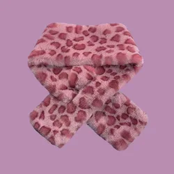 Y2K Pink Leopard Print Collar Scarf Woman Harajuku Warm Soft Winter Furry Plush Neckerchief Thermal Neck Warmer Wrap