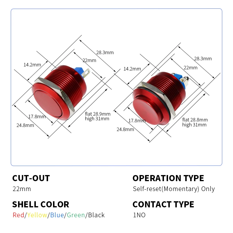 VaneAims Metal Push Button Switch HS22 Waterproof Self Reset Momentary Switch Oxidation Red Yellow Blue Green Black 1A 22mm