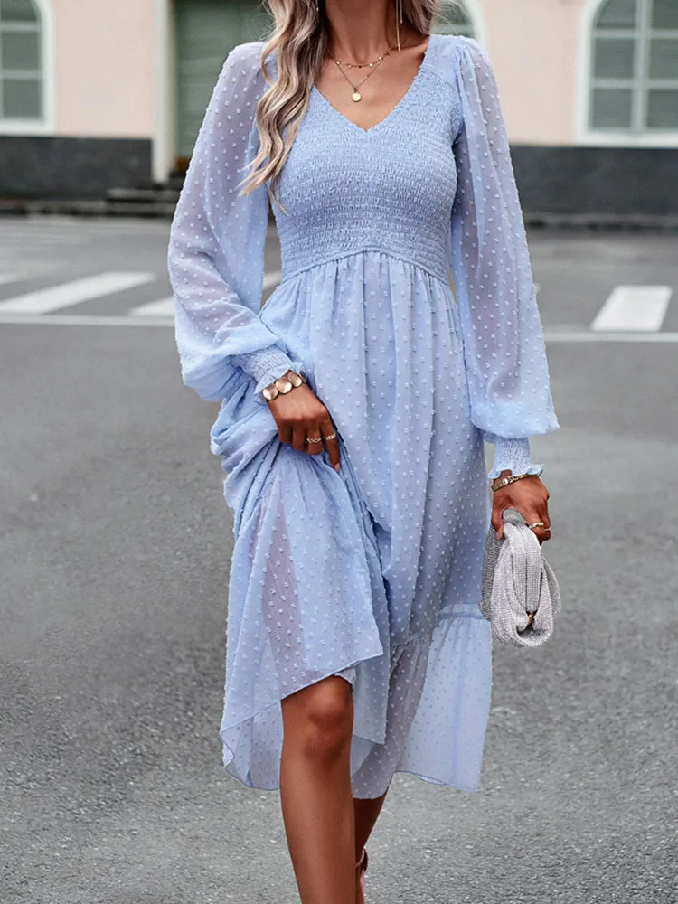 

Fashion Jacquard Long Dresses Women Vintage Elegant See Through Shirring Dress Female Autumn Casual Lantern Sleeve Holiday Dress