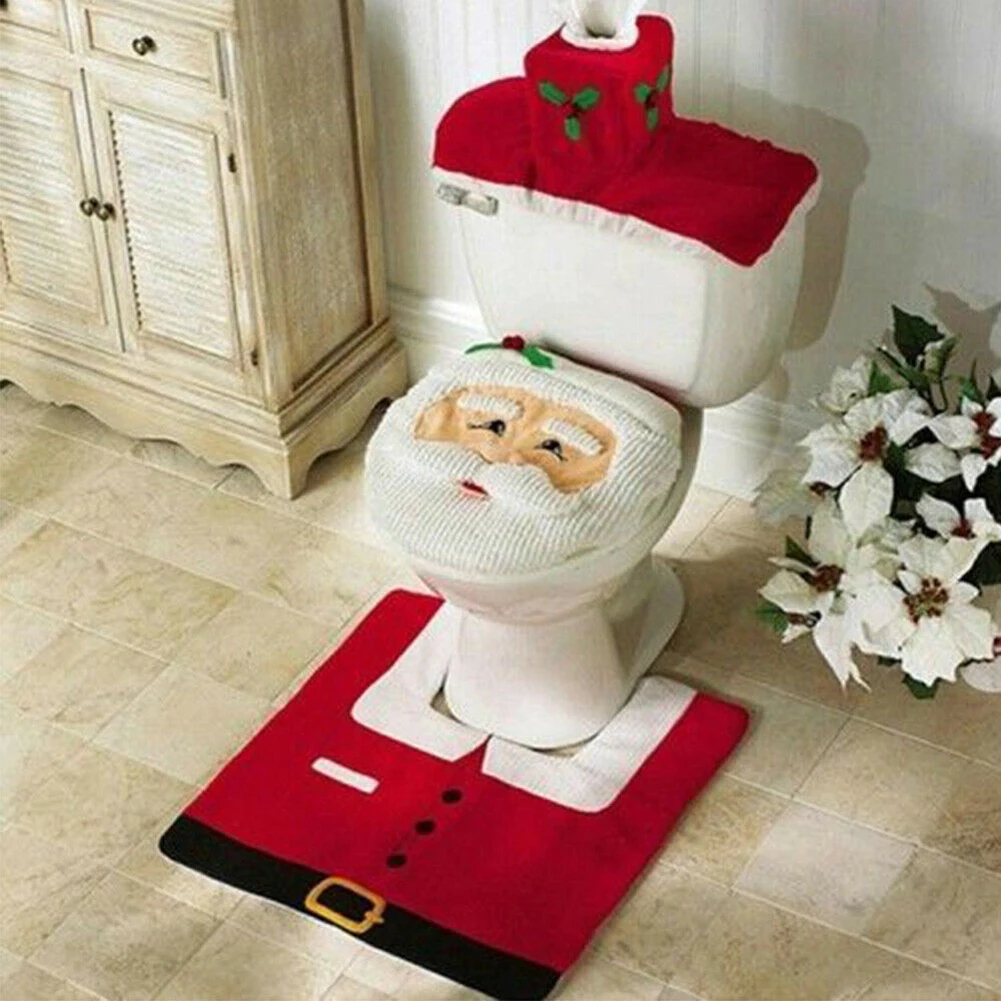 Christmas Bathroom Decorations Sets Creative 3pcs Santa Toilet Seat Cover Rug Toilet Tank Cover Xmas Supplies Xmas Home Decor