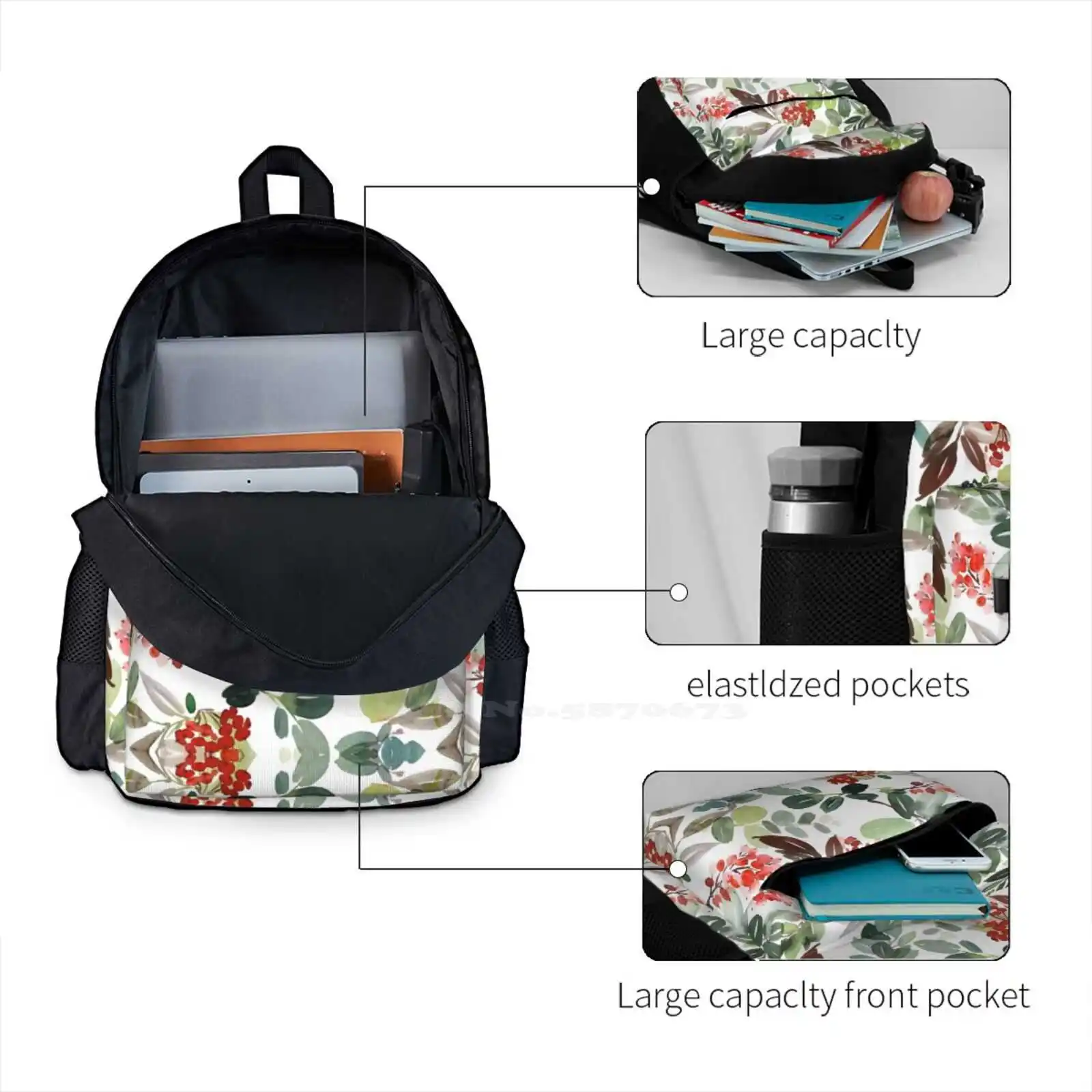 Aguarela Rowan Berries Mochila para Escola Estudantil, Laptop Travel Bag, Botânica Árvore, Natureza Folha de Outono, Padrão sem emenda, temporada, temporada