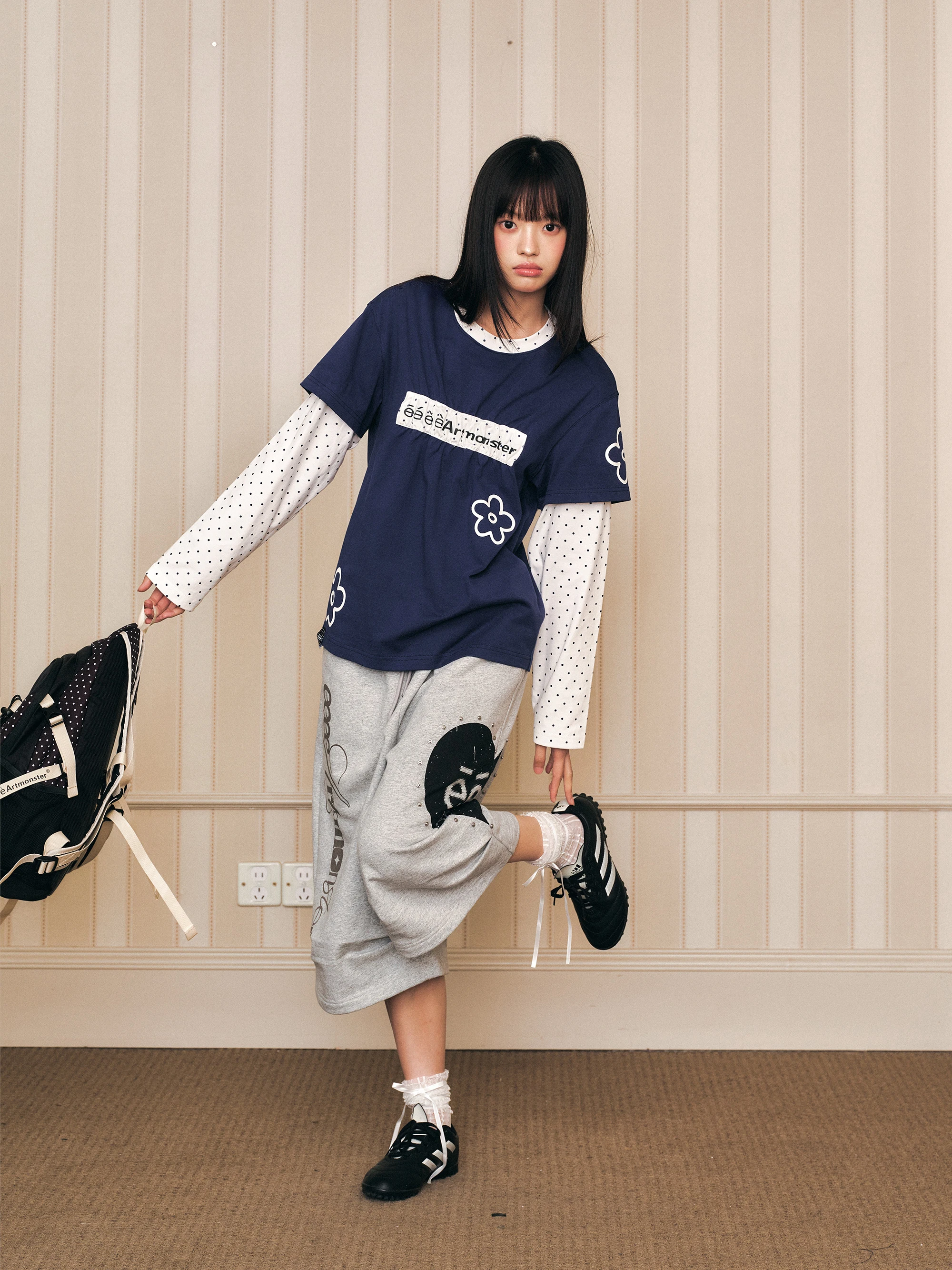 Elegant Polka Dot Patchwork Long Sleeve T-Shirt Gathered Design Splice Pattern Fake Two-Piece Girl's Cotton Top