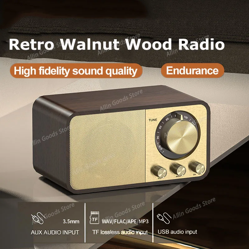 Portable Retro FM Radio Walnut Wood Vintage Radios Receiver Wireless Heavy Bass Bluetooth Speaker Soundbar Support TF Card USB