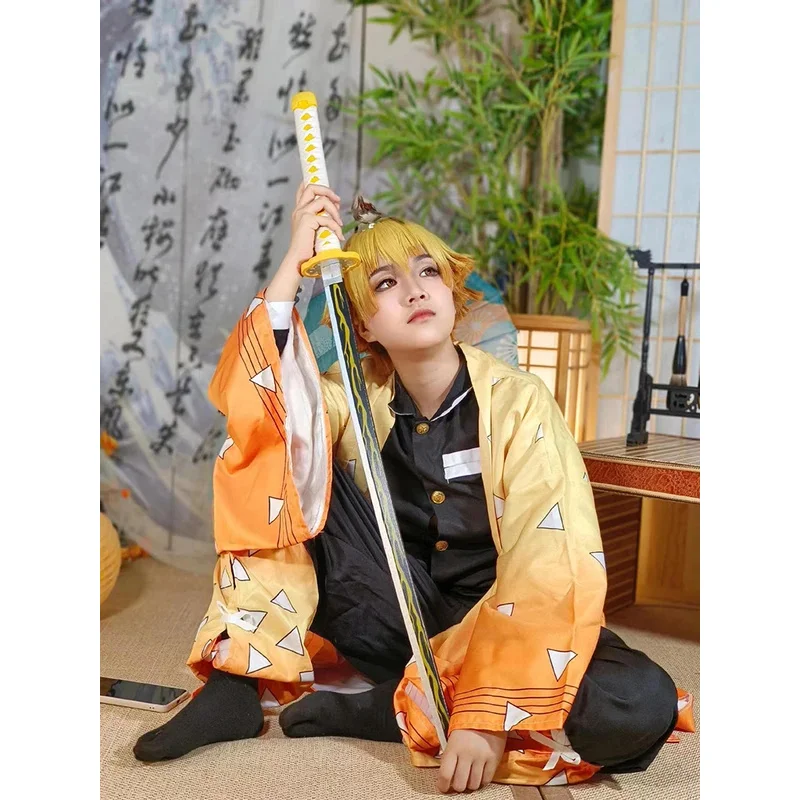 Agatsuma Zenitsu 코스프레 의상 애니메이션 악마 슬레이어 기모노 파티 유니폼 Kimetsu no Yaiba 악마 헌터 의류 어린이 성인용;