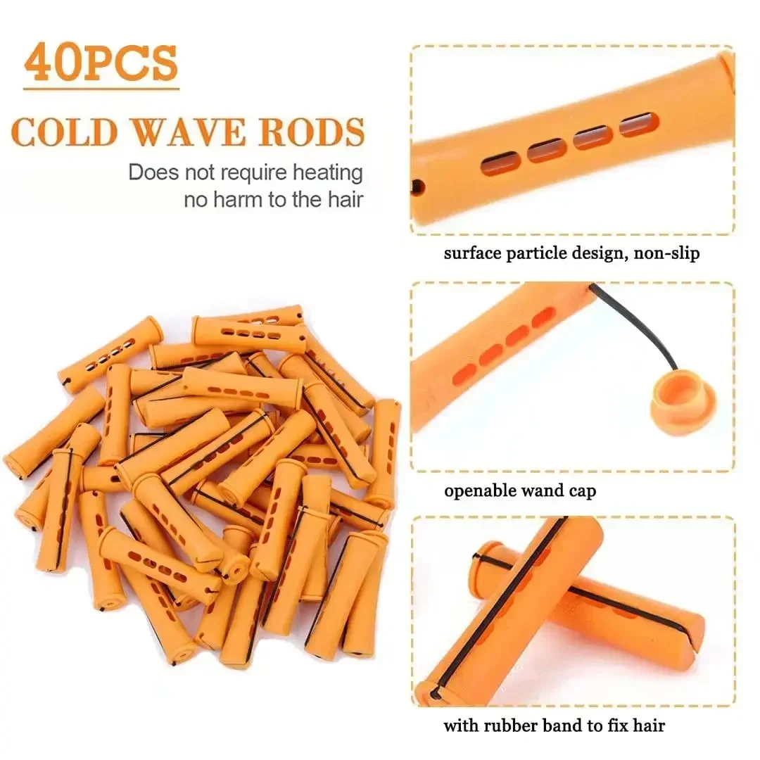 40pcs Cold Wave Perm Rods Set For Women\'s Long & Short Natural Hair - Plastic Orange Rollers For Curling And DIY Hairdressing