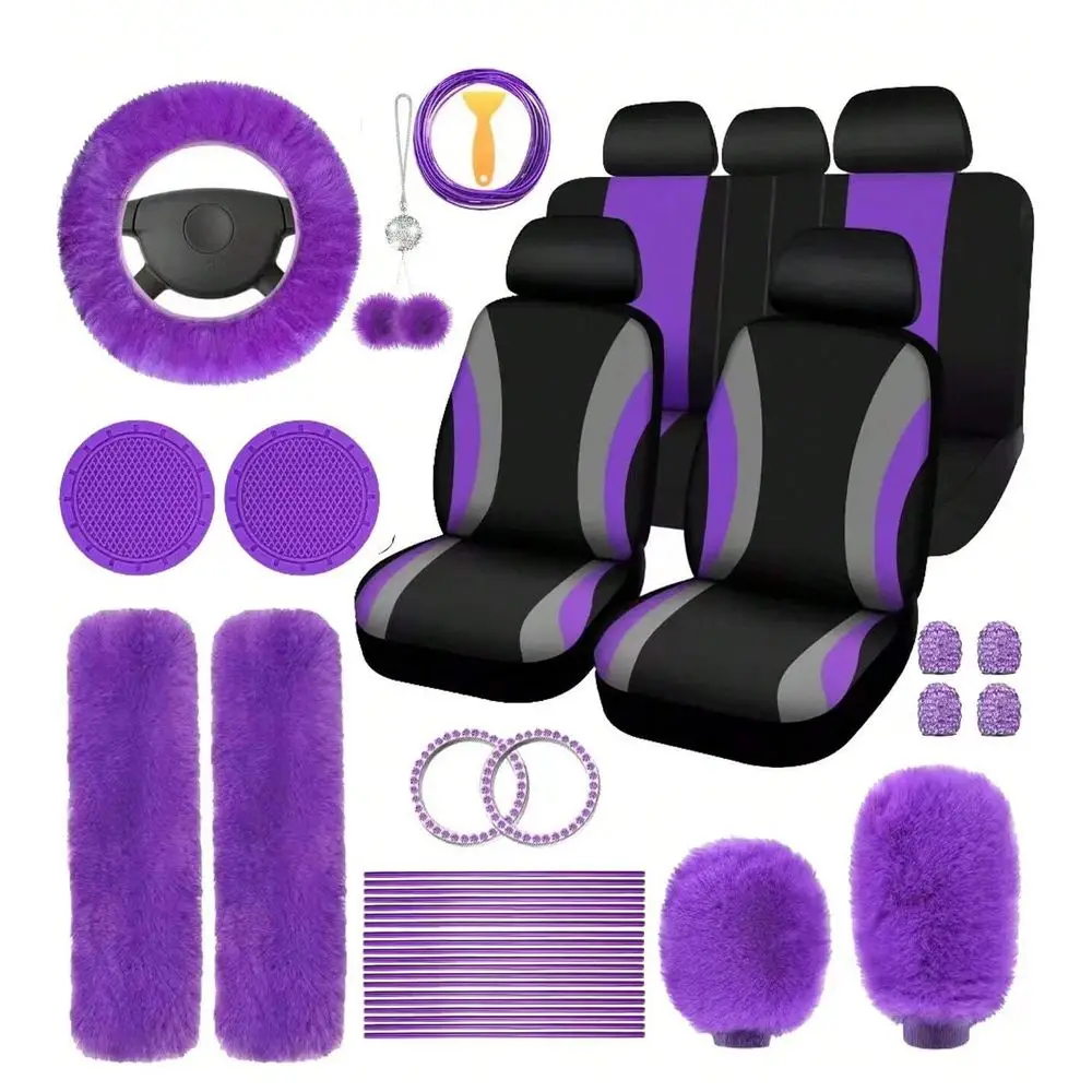 

Car Seat Cover Set With Steering Wheel Cover, Cup Holder Coasters, Shoulder Pads, And Accessories Polyester Fabric Interior Deco