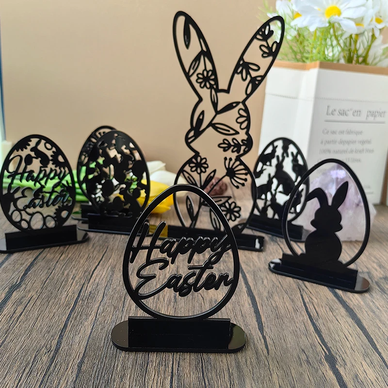 1PC Hollow Out Easter Rabbit Egg Black Acrylic Table Ornament Bunny Egg Happy Easter DIY Party Decoration Supplies Gift