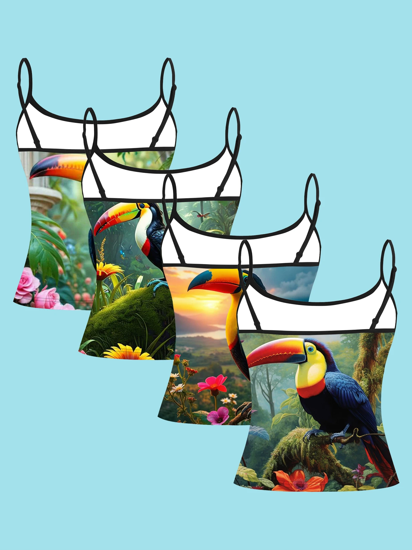 4-Piece Set with Rainforest Toucan Pattern, Floral Sunset Scenery, Women's Spaghetti Strap Camisole and Base Layer Top