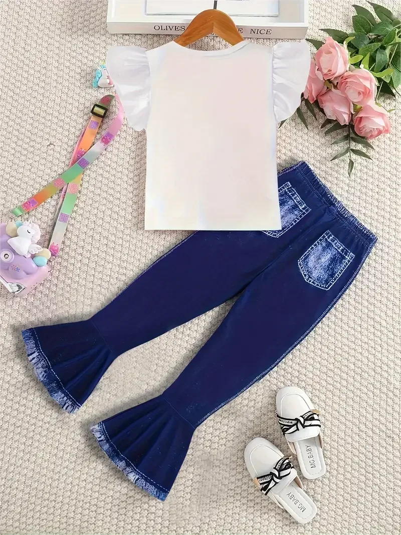 Summer girls fashion trend set, 2-piece peplum cartoon unicorn T-shirt and faux denim print bell bottoms image 2