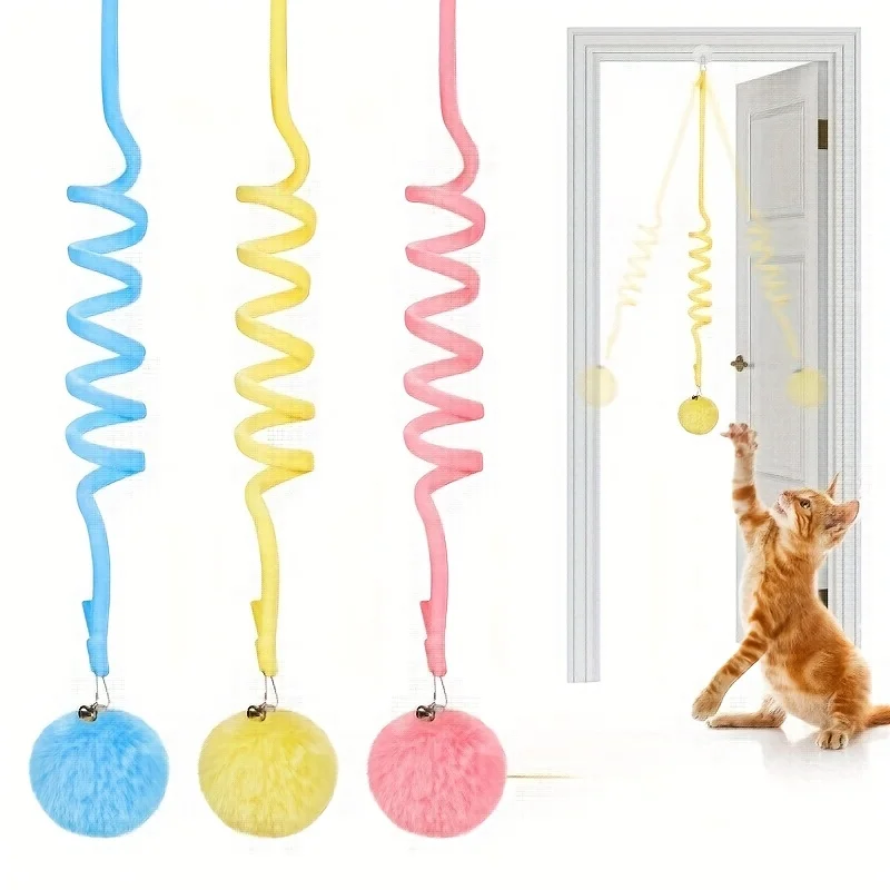 3pcs Retractable Cat Teaser Toys Elastic Strings Colorful Fluffy Balls Hanging Door Pet Teaser Self-Entertainment for Cats