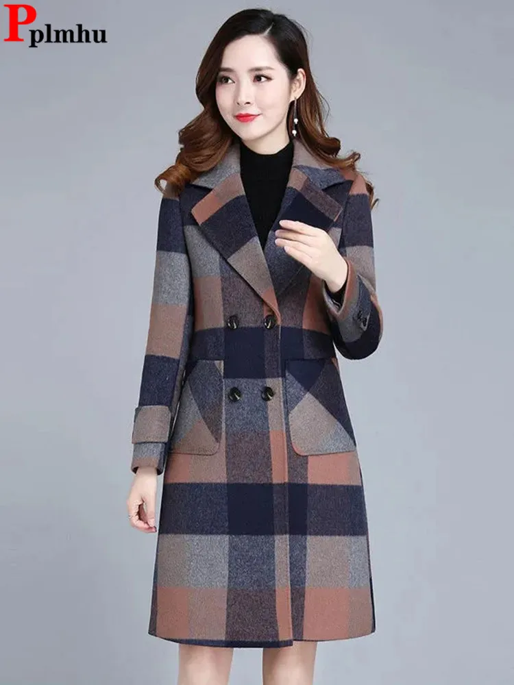 Winter Warm Plaid Woolen Blend Hooded 2 Piece Sets Classic Elegant Chic Long Chaquetas Conjuntos Thick Wide Leg Pants Ensembles