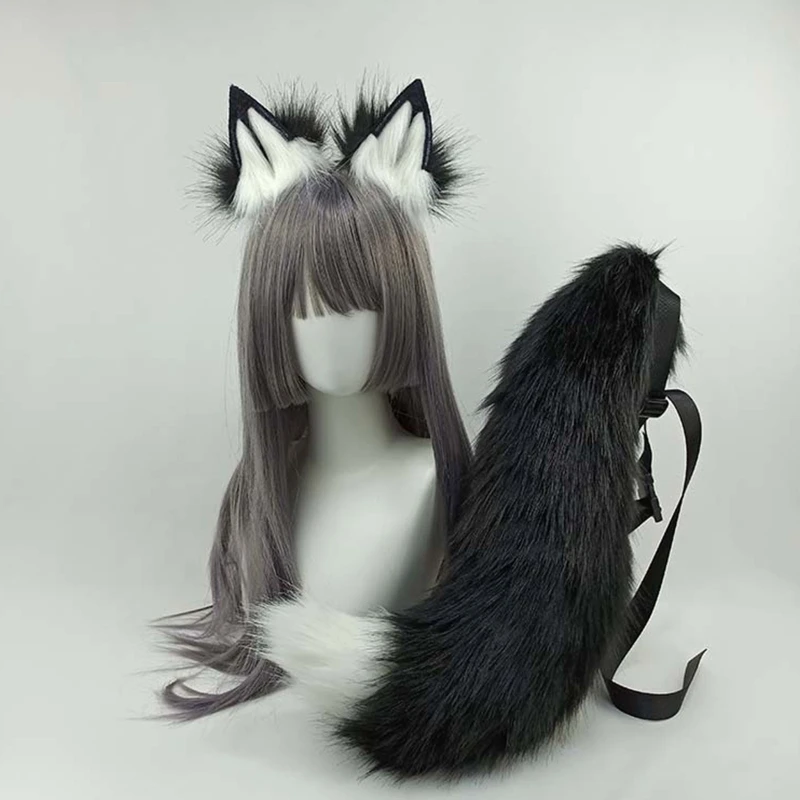Accessoires de Cosplay japonais Anime chat loup, accessoires de couleur contrastée oreilles en peluche, Bandana cerceau de cheveux, Costume d'halloween à longue queue d'animal