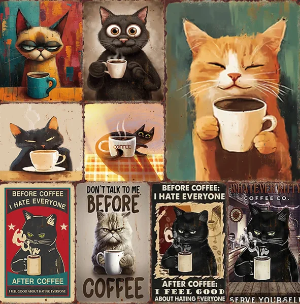 Katze trinkt Kaffee – Blechschild für Milchtee-Läden, Kaffee-Wandbild, Wohnzimmer, Schlafzimmer, Heimdekoration