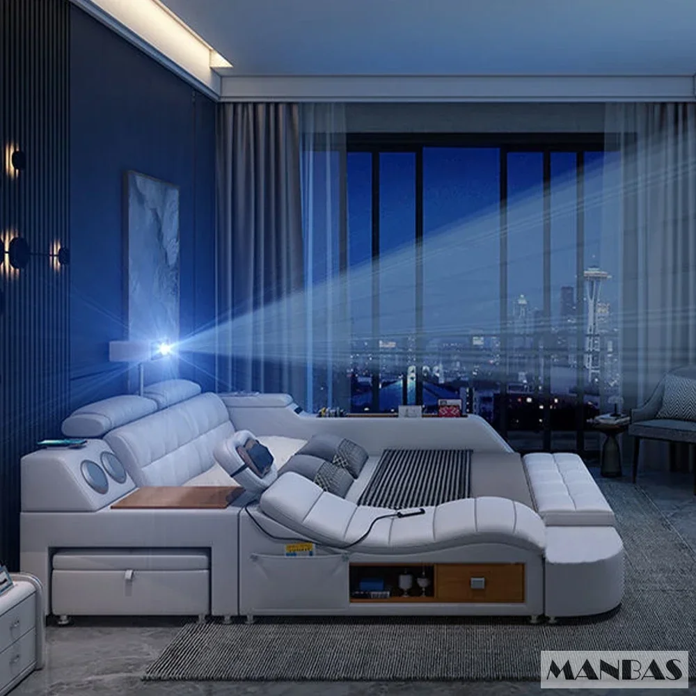 سرير Linlamlim Tech الذكي من الجلد الطبيعي |   سرير نهائي متعدد الوظائف |   تدليك سرير تاتامي مع جهاز عرض |   كاما منجد