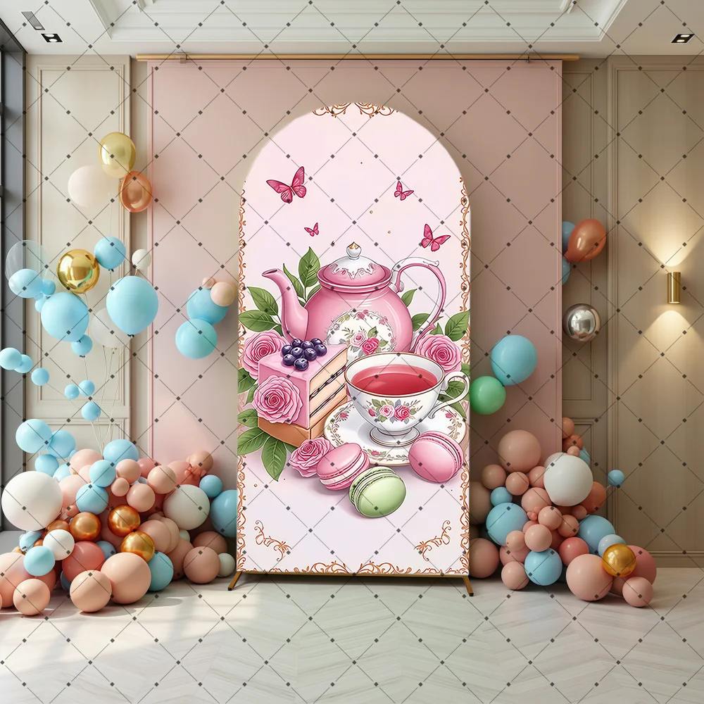 Custom 2-Sided Fairyland Pink Bow Pattern Tea Party Chiara Arch Backdrop Cover Kids Birthday Party Baby Shower Decor Background