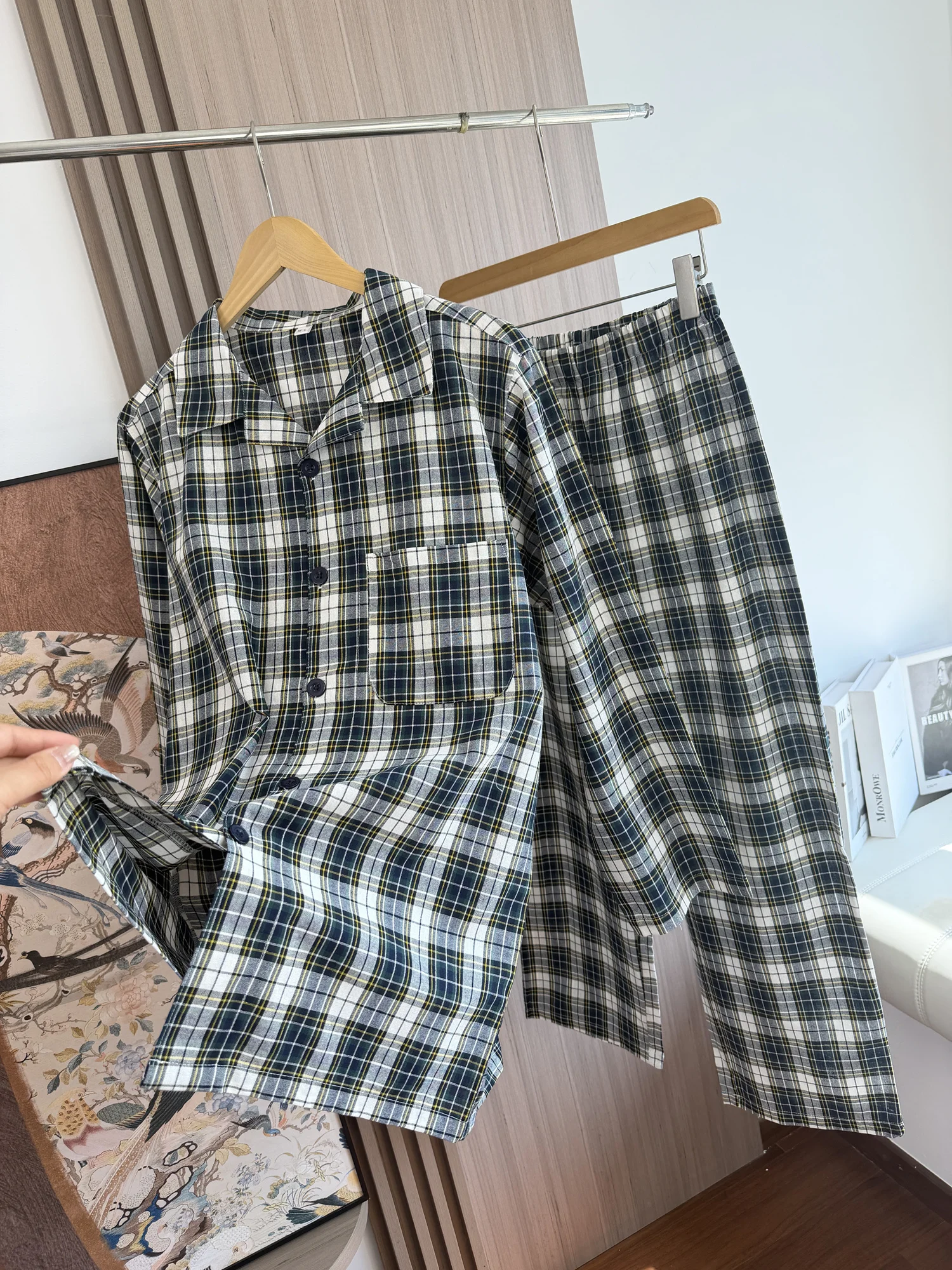 Men's Casual Home Clothes Set Soft Breathable Plaid Shirt Pants Sleepwear Spring Summer Comfortable Long Sleeve Long Pants